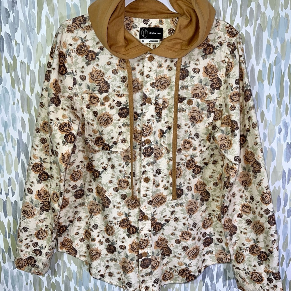 Original Use Floral Button Down Shirt with Hood - Brown and Cream